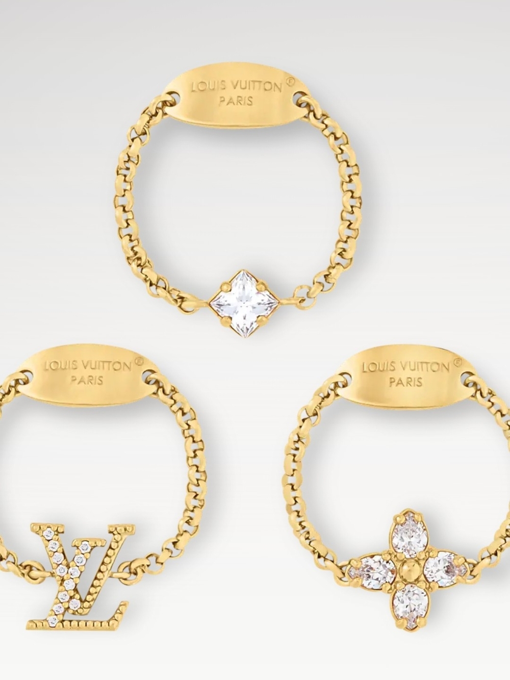 Luxury BrandGold Tone Crystal Logo & Flower Stackable Rings - Gold